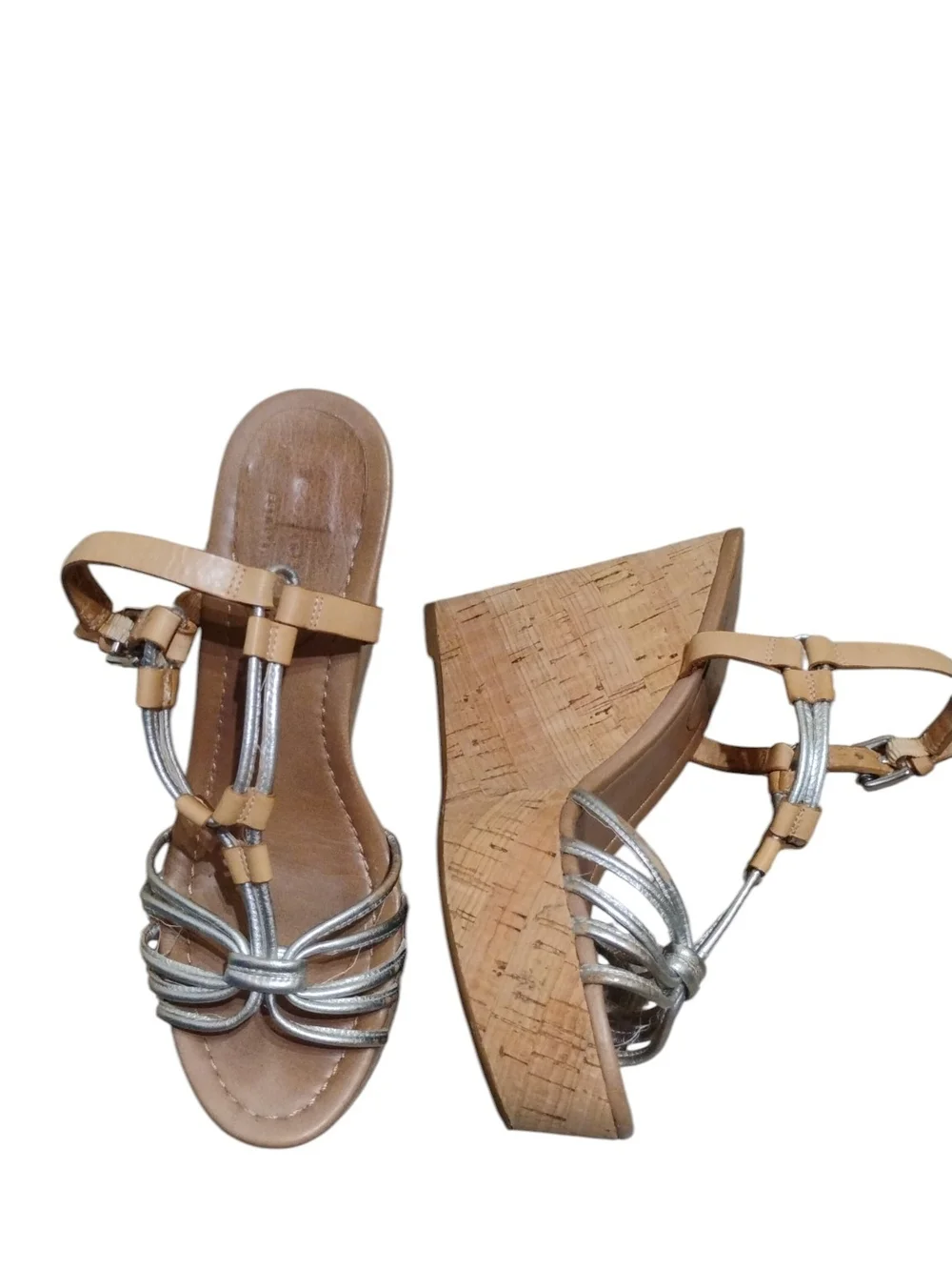 Coach Georgina Wedge Sandals with Cork Platform - Silver & Tan Size 6.5